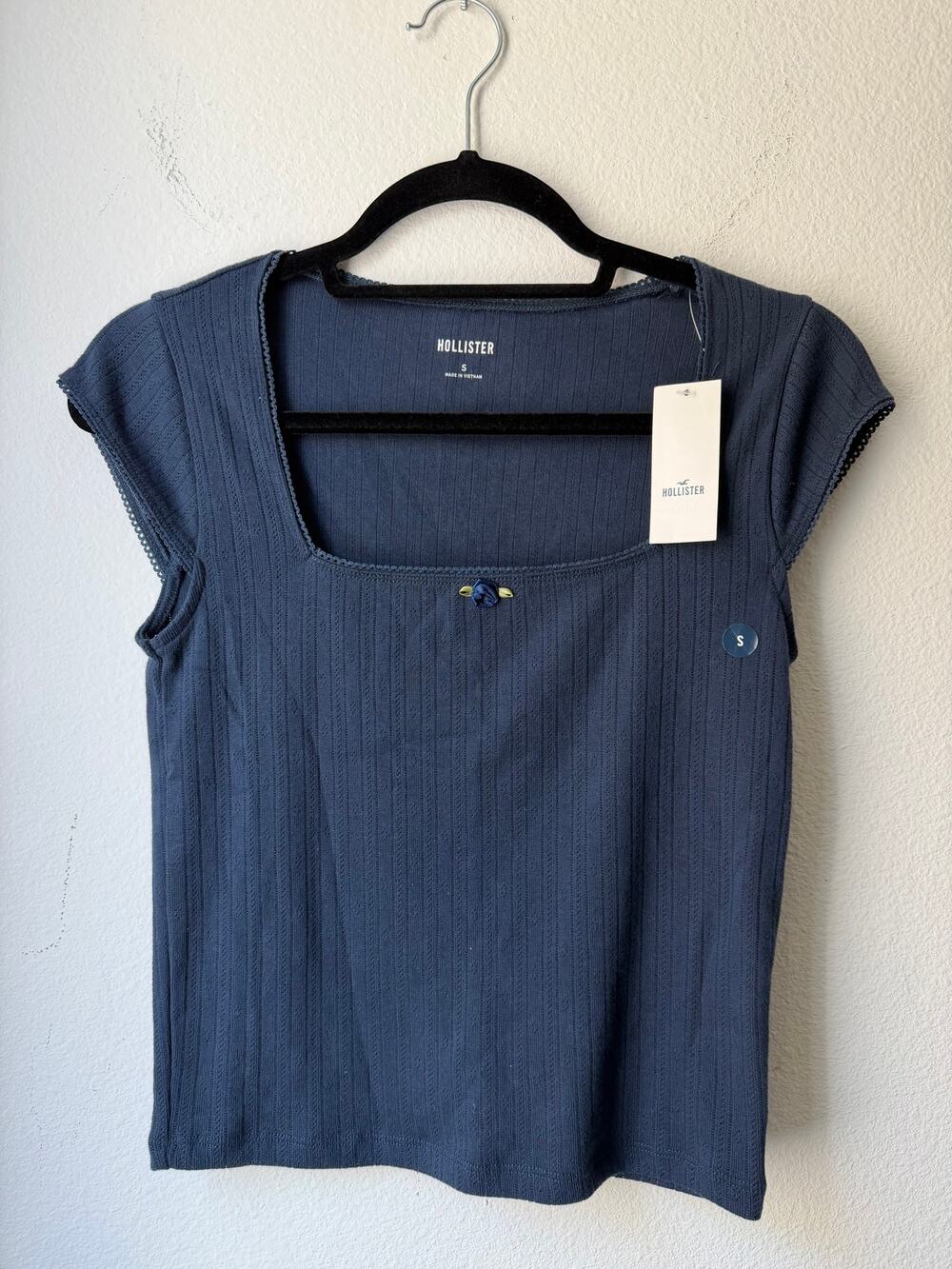 NWT Hollister Blue Pointelle Ribbed Square Neck Baby Tee Small